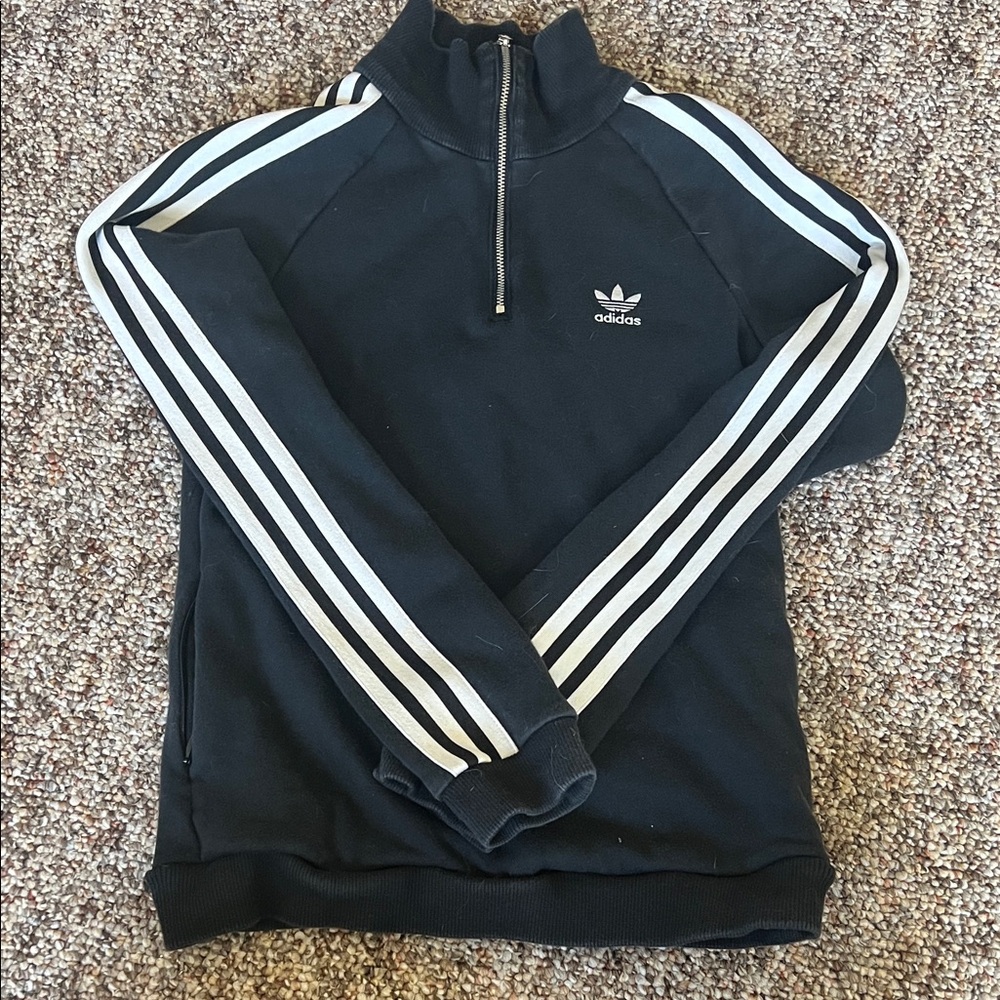 Adidas Men's Black Zip-Up Sweater with White Stripes